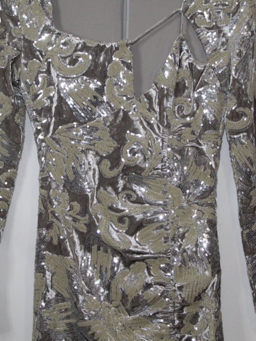 Maje women's dress size XS silver floral velvet sequin formal mini ruched cutout - Picture 4 of 14